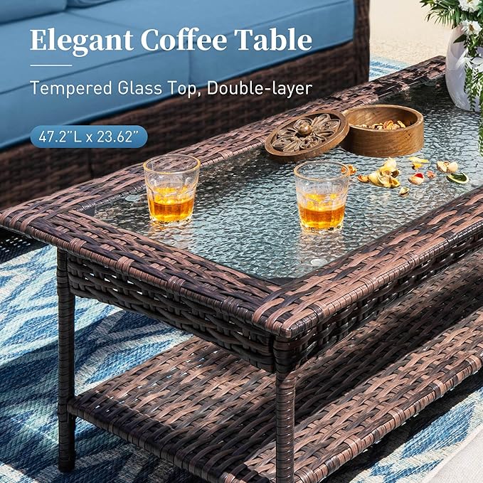 SUNSHINE VALLEY 6 Pieces Patio Furniture Set with Swivel Chairs, High Back Wicker Rattan Sofa with Extra Thick Cushion and Coffee Table, Outdoor Conversation Set for Garden Backyard Deck, Blue