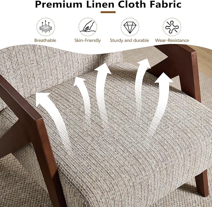 Bonzy Home Mid-Century Modern Accent Chair with Solid Wood Frame, Upholstered Armchair for Bedroom & Living Room,Reading Side Chair with Soft Lien Fabric Cushion,Easy Assembly