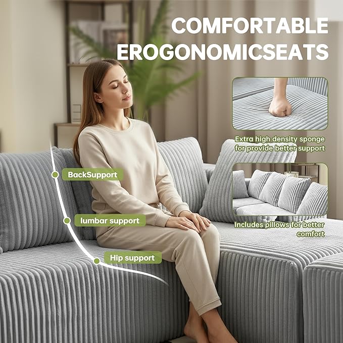 130" Boneless Couch, Cloud Couch Sectional, Corduroy Sofa for Living Room, U Shaped Modular Sofa with Chaise, No Assembly, 4 Seats Oversized (Grey)