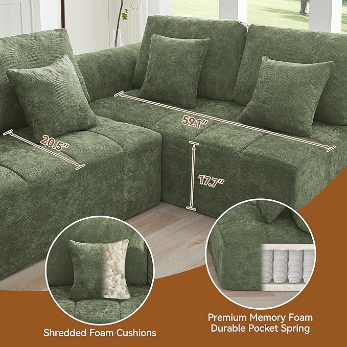110''Modular Sectional Couches for Living Room, Cloud Boneless Compressed Sectional Sofa, Oversized L Shaped 5 Seater Upholstered Memory Foam Sofa, No Assembly, Chenille Green