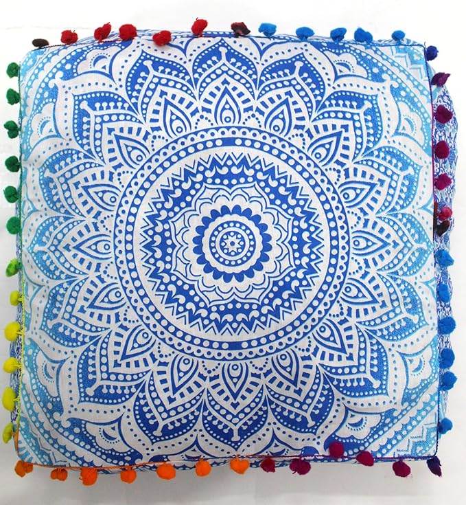 CRAFT KALA 24" Square Large Hippie Mandala Meditation Floor Ottoman Pillow Cushion Pouf Cover Square Poufs Bohemian Circle Floor Cushion Case Outdoor Fireplace Yoga Living Room Decor Cover Blue Ombre