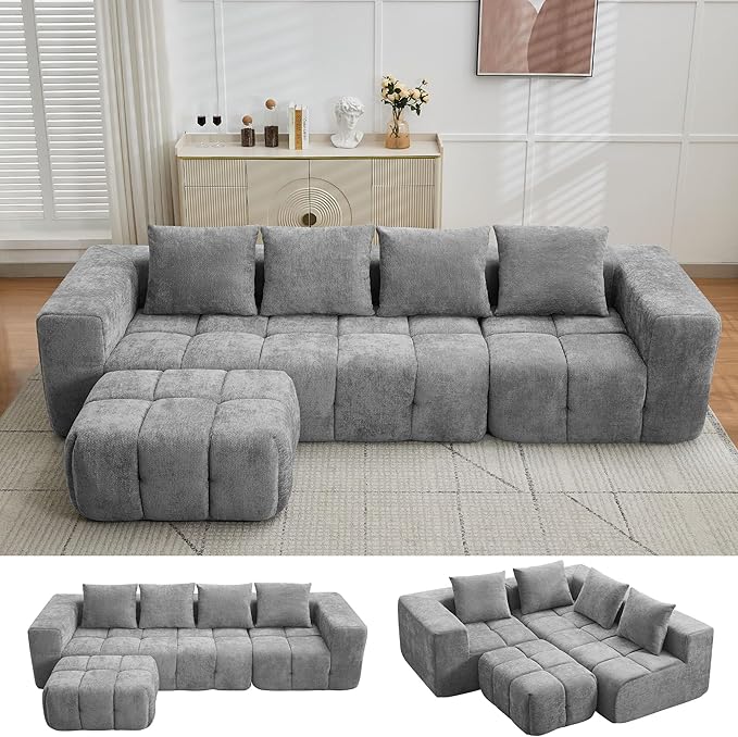 119" Boneless Couch, Cloud Sectional Couch with Deep Seat, High-Density Memory Foam and Chaise, Sectional L Shaped Sofa, Boneless Couches for Living Room, Tufted Sofa No Assembly Needed, Light Grey
