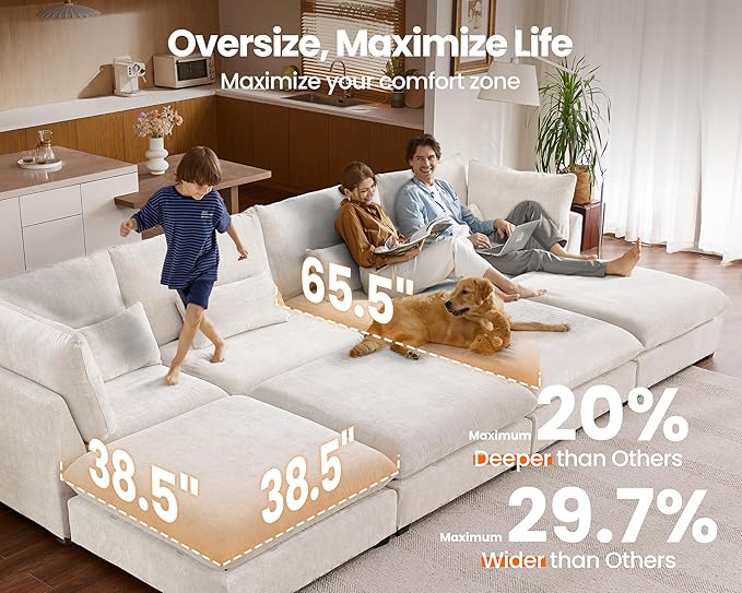 Oversized Modular Sofa, Extra Deep Cloud Chenille Sectional Couch with Ottoman Chaise, Fluffy Chenille 6 Seater Couch Bed for Living Room, Villa (Sofa Bed 6 Seater, Chenille White)