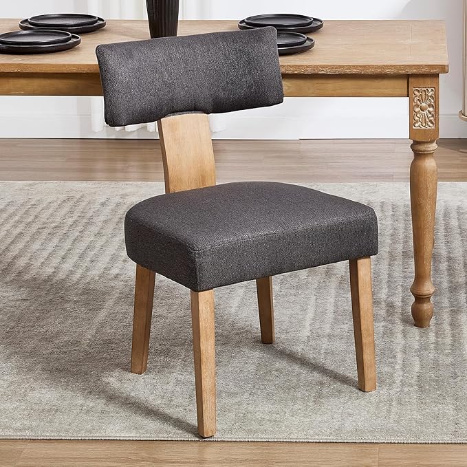KHISCHMO Mid Century Modern Dining Chairs, Upholstered Linen Fabric Chairs with Curved Backrest and Wood Legs, Comfy Kitchen Vanity Chairs for Dining Room/Living Room/Kitchen, Set of 6 Grey