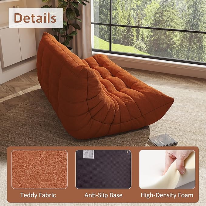 Bean Bag Chair, Oversized Bean Bag Chair for Living Room, Fireside Chair for Adults with Memory Foam Filled, Big Accent Lounge Floor Sofa for Reading, Relax, No Assembly Required. (Orange 3-Seater)