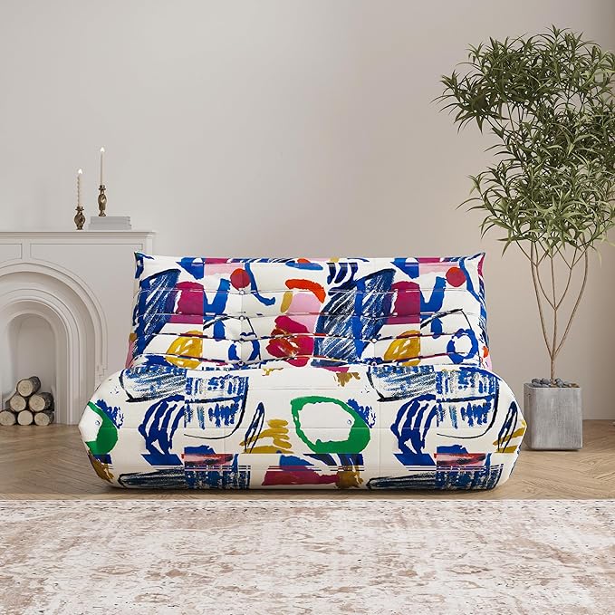 Bean Bag Chair Loveseat, 2 Seater, Multicolor, Modern, High Density Memory Foam, L-Shaped, Adults & Teens