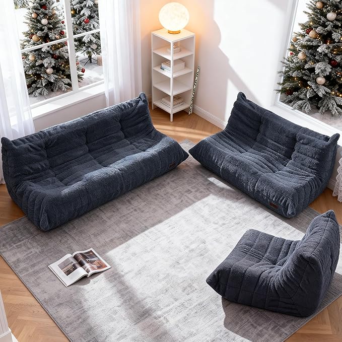 Bean Bag Loveseat Chair Big Sofa Beanbag Chair for Adults Fireside Chair Bean Bag Lounger with Memory Foam Filled for Home,Apartment or Gaming Venue（Blue Teddy）