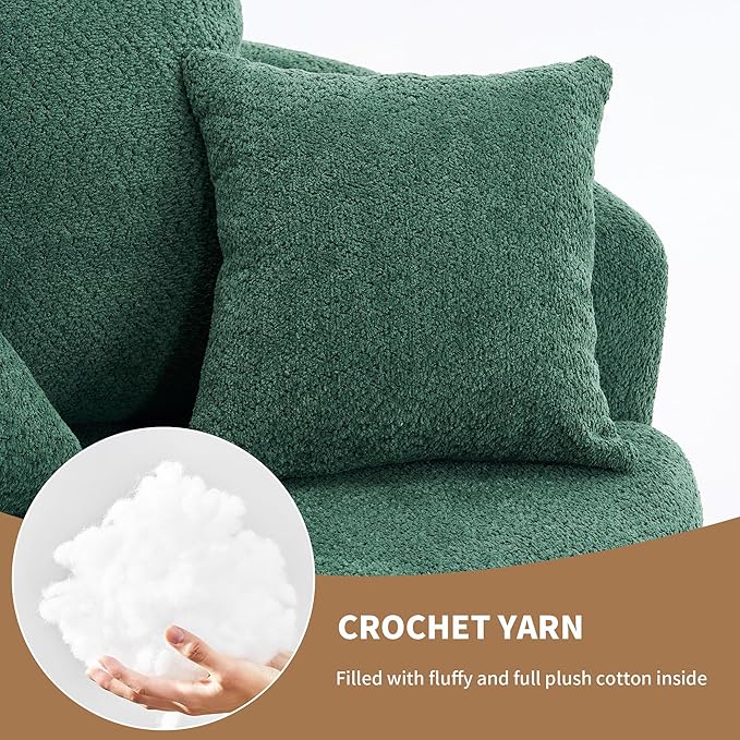 Yoglad 38.58'' Swivel Round Chair, Comfy Boucle 360° Accent Chair with Thick Cushion, Oversized Modern Single Sofa with 3 Pillows, Soft Armchair for Nursery, Living Room, Bedroom, Office (Green)