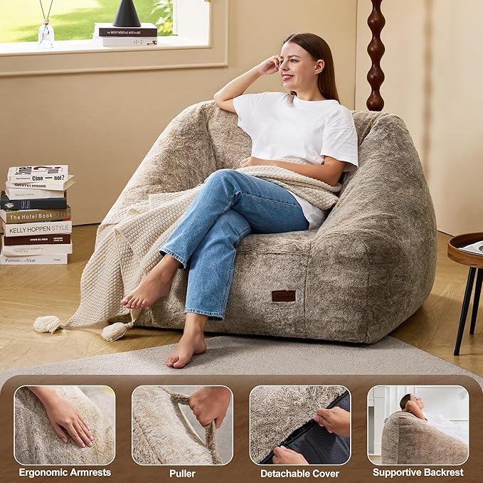 Hobestluk Bean Bag Chairs for Adults Giant Bean Bag Chair with Memory Foam Filling, Adult Beanbag for Bedroom, Living Room(Brown Two-Tone)