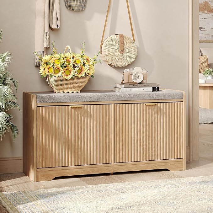 Maupvit Fluted Shoe Bench with Storage, Narrow Wooden Entryway Bench with Removable Cushion & 2 Flip-Drawers, Shoe Cabinet Bench, Farmhouse Boho Shoe Rack for Entrance, Hallway, Living Room (Natural)