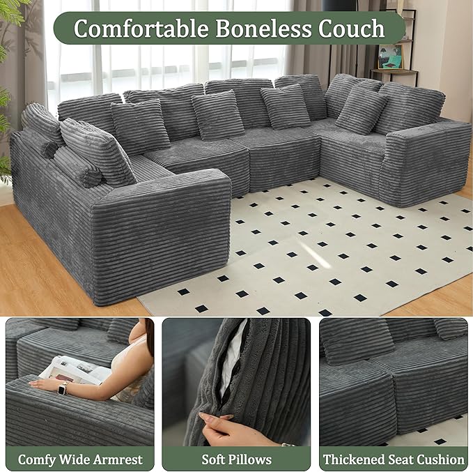 135.5" Cloud Sectional Couch,Boneless Corduroy Sofa for Living Room,Oversized U Shaped Sofa with Chaise,Deep Seat,No Assembly Required,Modular Sectional Sofa（Grey）