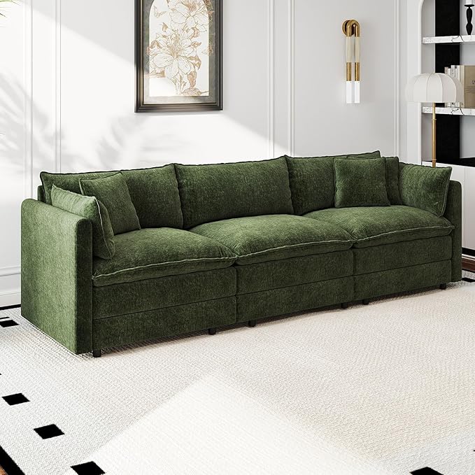 Aoowow Modular Sectional Sofa,112.2 Inch Deep 3-Seater Sofas Comfy Chenille Cloud Sofas and Couches with Pillows for Living Room Apartment（Green）