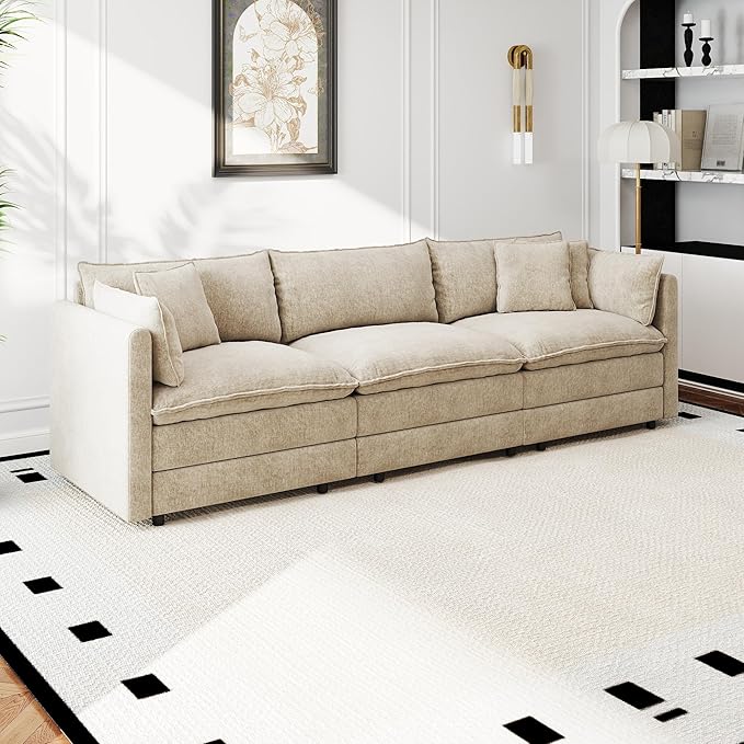 Aoowow Modular Sectional Sofa,112.2 Inch Modern Deep 3-Seater Sofas Comfy Chenille Cloud Sofas and Couches with Pillows for Living Room Apartment（Camel）