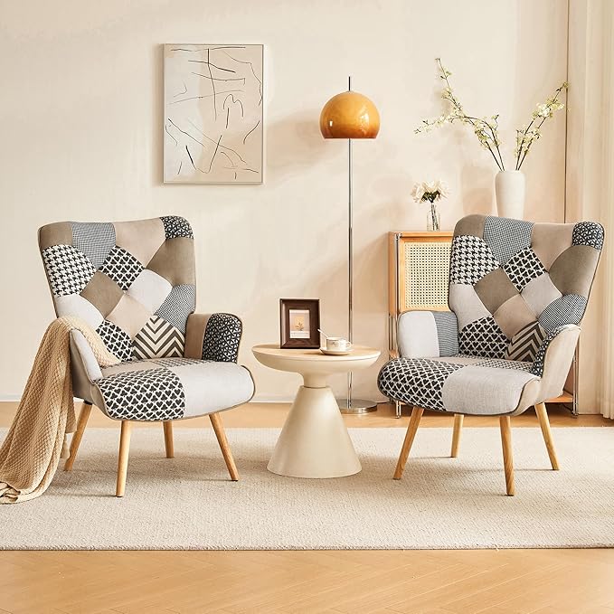 Accent Chair, Living Room Chair, Modern High Back Armchair, Colorful Patchwork Reading Chairs for Bedroom, Lounge Chair with Linen Fabric Shell and Solid Wood Feets (1, Gray)