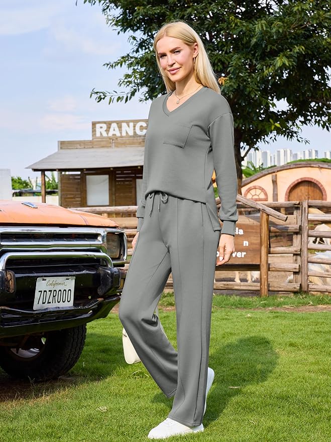 difficort Women's 2 Piece Lounge Sets Casual Travel Airport Outfits Side Slit V-Neck Tops & Wide Leg Pants Matching Set