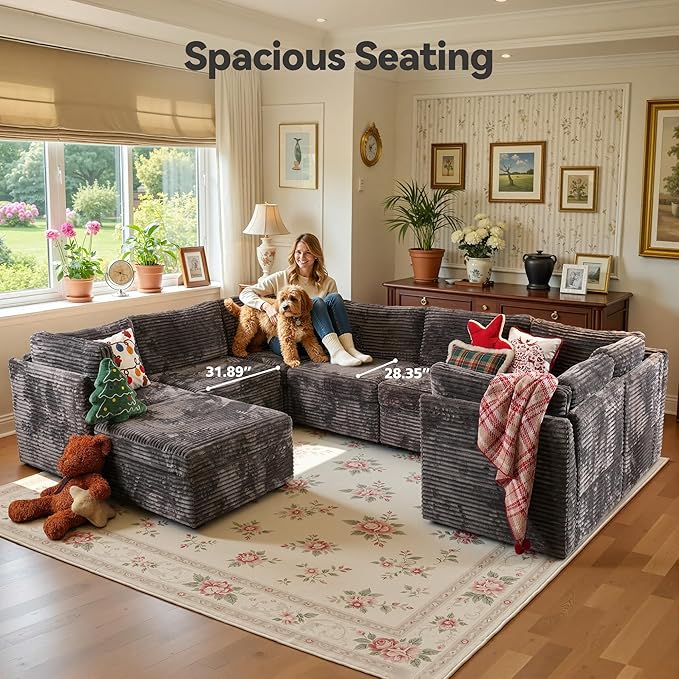 CAODOC Large 8 Seat Modular Sectional Sofa with Ottoman Seat Corduroy Sleeper Sectional Sofa Bed Oversized Convertible Modular Couch for Living Room