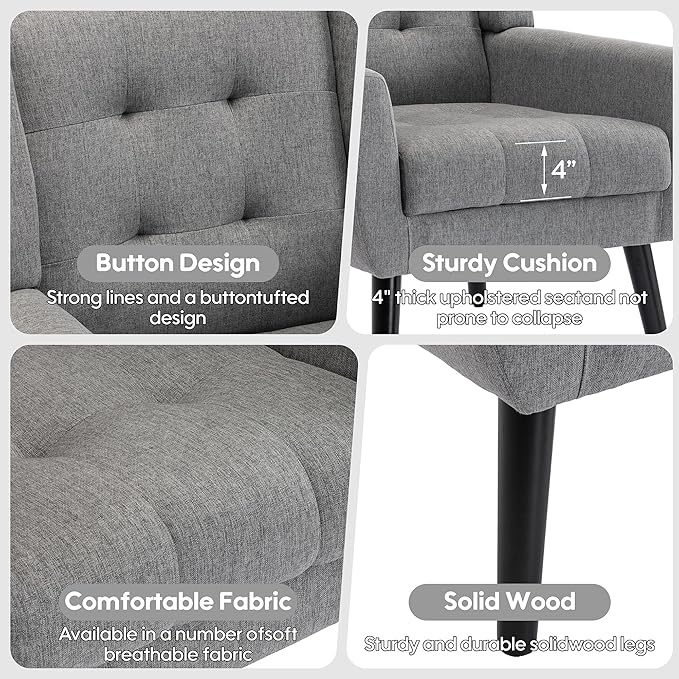 OO BY ORANGE ONLINE Linen Accent Chair, Mid-Century Modern Tufted Armchair for Living Room, Bedroom & Office (Light Gray)