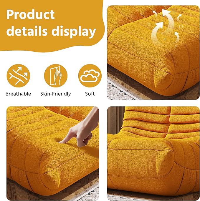 Bean Bag Chair, Fireside Chair, Large Bean Bag Chair for Adults, Bean Bag Chairs for Teens with High-Resilience Foam, Non-Slip Base Floor Lounge Sofa,Living Room (Yellow, Single)