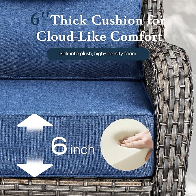 Belord Luxury 6" Thick Cushioned Outdoor Swivel Rocker Chairs Set of 4 with Fire Pit Table, High Back Wicker Patio Furniture Set with Ergonomic Zone Back, Conversation Set for Deck Porch - Grey+Blue
