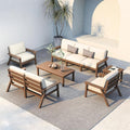 Patio Kingdom HDPE 7 Piece Patio Furniture Set, HDPE Outdoor Sectional with with Beige Thick Cushions, Coffee Table and Side Table, Patio Conversation Sets for Lawn, Garden, Porch (Brown Frame)