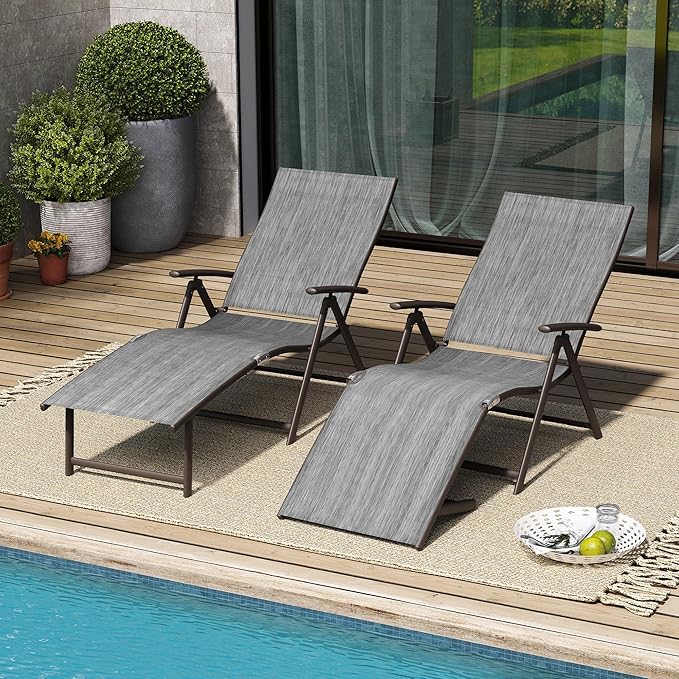 VredHom 4PCS Patio Chaise Lounge Outdoor Folding Adjustable Lounge Chair Recliner with 8 Adjustable Backrest Positions for Pool Beach Yard, Dark Gray Textliene and Brown Aluminum Frame