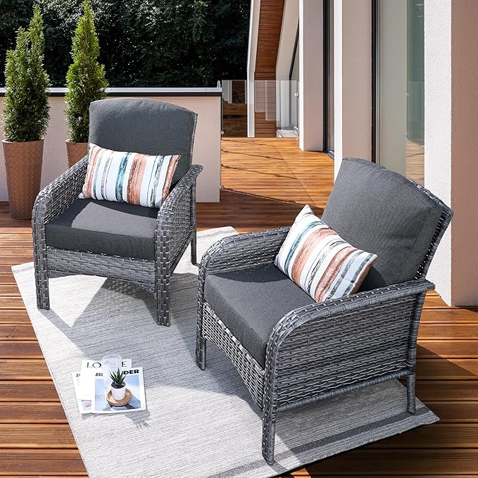 ovios 2 Pieces Patio Furniture Set, Outdoor Wicker Chairs of 2, All Weather High Back Rattan Chairs 2-Seater with Comfy Cushions for Porch Deck, Black