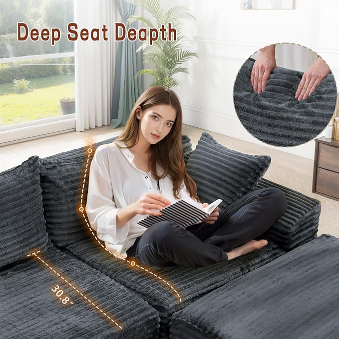 Korser 110" Sectional Couches for Living Room, Modular Sectional Sofa with L-Shape Chaise, Cloud Couch, Comfy Corduroy Fluffy Couch with Deep Seat and Side Pockets