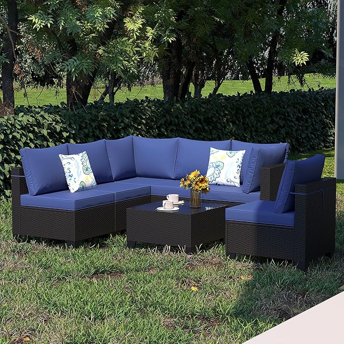 Ophelian 7 Pieces Outdoor Conversation Sectional Rattan Sofa, Patio Furniture Set, with Wicker and Cushions for Garden and Backyard, (Coffee/Deep Blue)