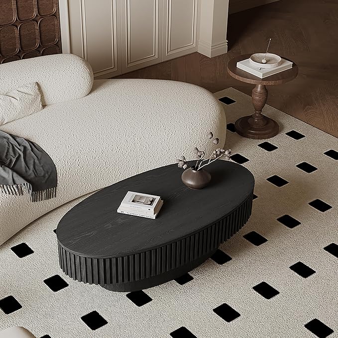 Oval Coffee Table for Living Room Modern Wood Center Tables with Storage Drum Tea Cocktail Fluted Mid Century Apartment Easy Assemble, Black 31.5" D x 47.2" W x14.2 H