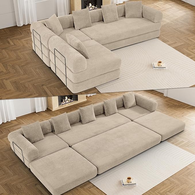 DAMAIFROM 157" Convertible Sleeper Sofa Bed Set with Pillow, 4-in-1 Corduroy Folding Mattress Boneless Couch with Fixed-Shape Frame, Fold Out Floor Sofa Cama Lounge Couch for Living Room, Light Brown