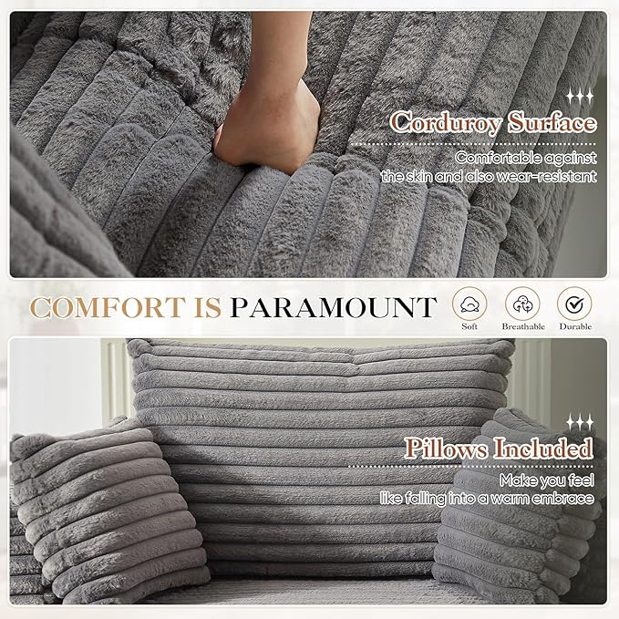 JEEOHEY Modern Round Accent Sofa Chair for Living Room, Upholstered Corduroy Barrel Lounge Arm Chair with Large seat&Throw Pillows for Bedroom, Office, Apartment, Grey