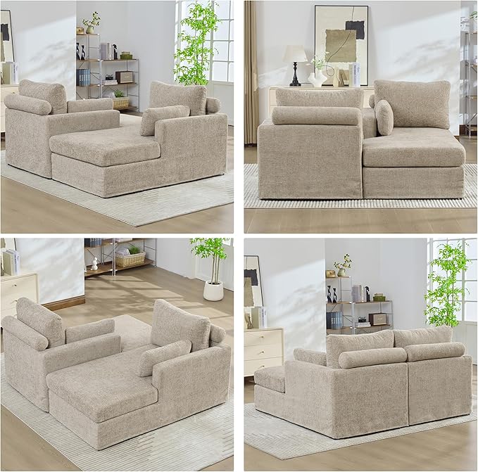 Arouseden 63"Oversized Chaise Lounge Taupe,Comfy Sectional Couches For Living room with Armrests and Throw Pillows,Wide Chaise Lounge Chair Indoor,Chenille Lounge Chair with Headrest for Neck Support