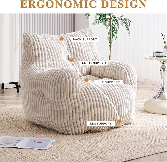 GDFStudio 37" Bean Bag Chair Oversize Bean Bag Lazy Floor Sofa with Back Support Comfy Corduroy Memory Foam Chair with Armrest for Living Room Bedroom, Beige