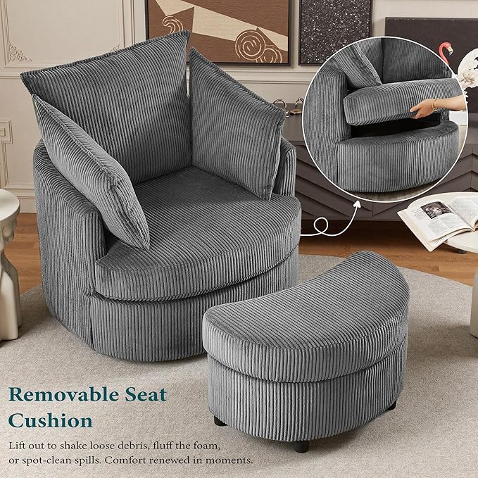 Chorlenimi Swivel Accent Chair Round Barrel Armchair Upholstered Living Room Chair Corduroy Reading Chair Single Sofa Chair for Bedroom Apartment Office (Grey, Upgrade 1Seater+ Ottoman)