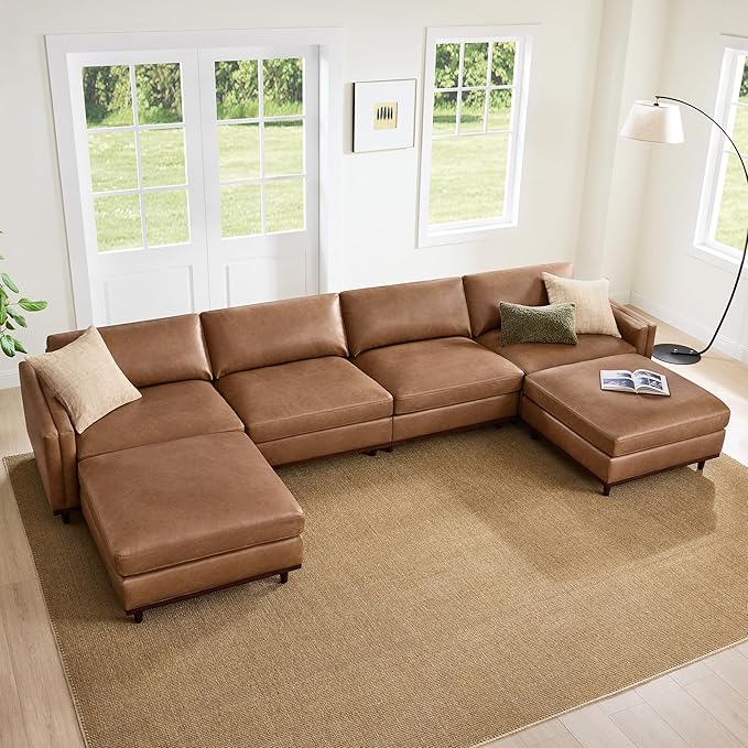 CHITA 153" Super Large Luxury U Shape Convertible Sectional Modular Sofa, Down Filled Modern Sofa, Deep Seat Cloud Couch, 6 Seat Couch with Chaise, 2 Ottomans, Solid Wood Leg, Faux Leather in Camel
