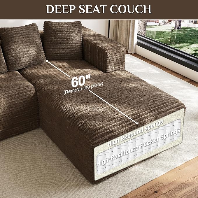 Modular Sectional Sofa, 107" L Shaped Cloud Couch Plush Corduroy Deep Seat Boneless Sofas with 5 Pillows Long Chaise Lounge Couches Memory Foam for Living Room - Brown, Right Facing Chaise