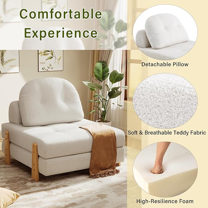 Christopher Knight Home Zila Folding Sofa Bed, 2-in-1 Convertible Sleeper Chair with Wooden Frame, Headrest & Lumbar Pillow, Portable Fold Out Floor Chair, Comfy Floor Sofa Lounge, Beige