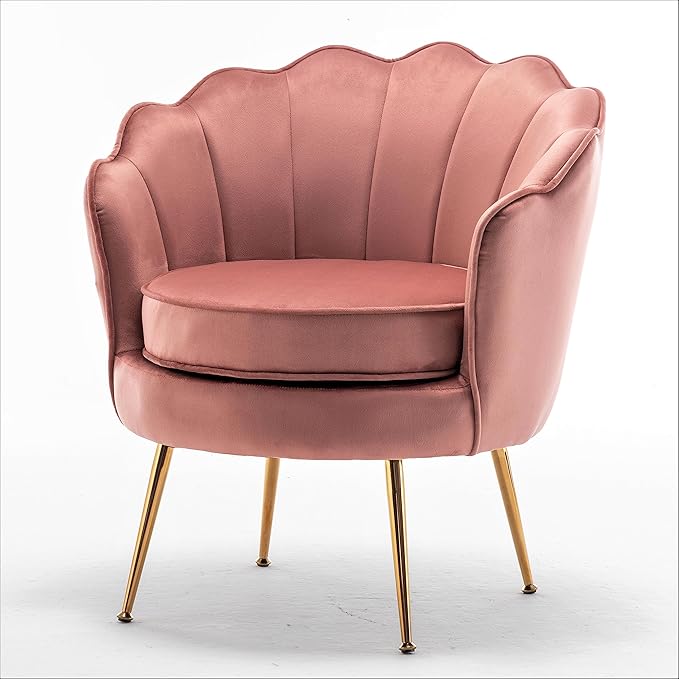 Container Furniture Direct Velvet Barrel Accent Chair with Scalloped Silhouette and Gold Metal Legs, Decorative Piece Suitable for Traditional, Modern, and Contemporary Spaces, Rose
