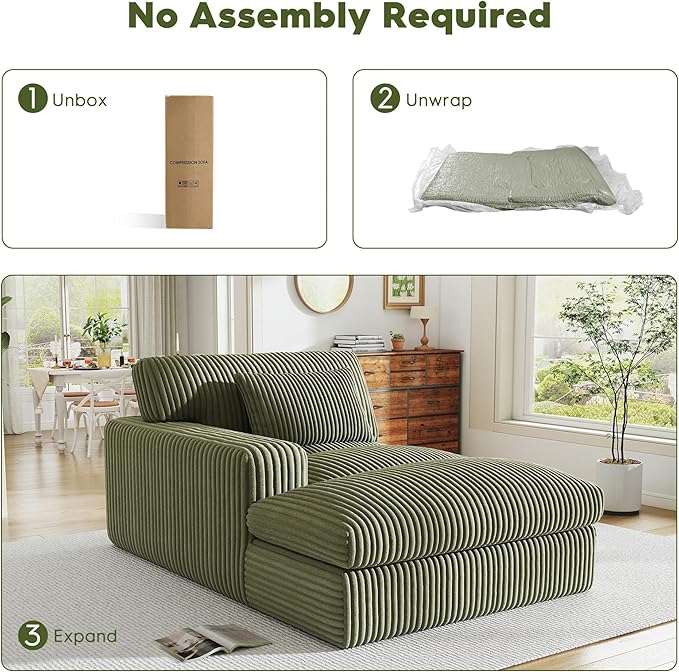 Oversized Chaise Lounge Sofa Chair Indoor，Soft Corduroy Fabric, Boneless sofawith Cushion，A Comfortable, deep-Seated Cloud Sofa for use in The Living Room.(Singler-Left-arm-Green)