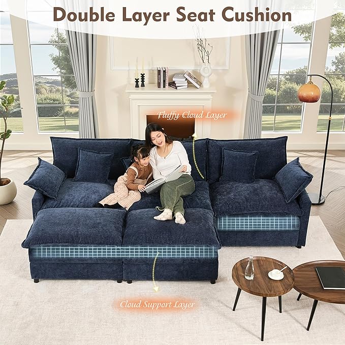 GOSUHI 108" U Shaped Couch, Modular Sectional Sofa, 3-Seater Comfy Cloud Couch with Movable Ottoman, Deep Seat Couches for Living Room, Chenille, Navy