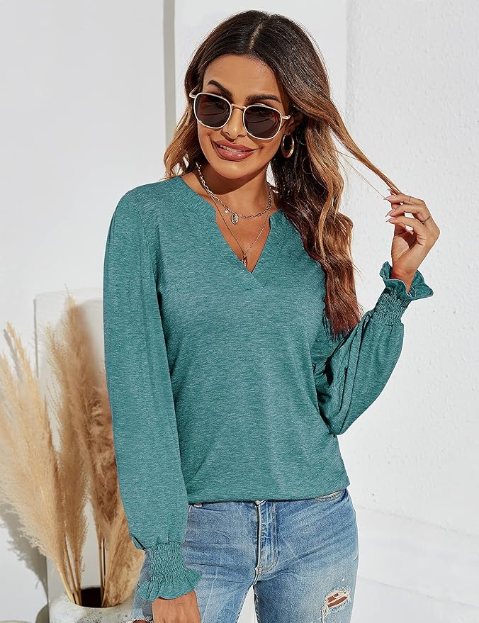Romanstii Women's Casual V-Neck T-Shirts Loose Puff Long Sleeve Tops Tunic Blouses