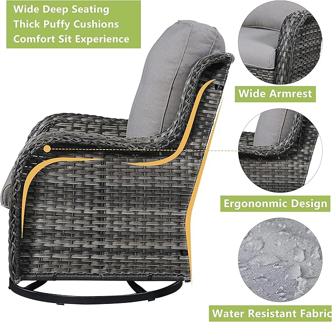 Rilyson Wicker Patio Furniture Set - 4 Piece Rattan Outdoor Sectional Conversation Sets with 2 Swivel Rocking Chairs,2 Ottomans for Porch Deck Garden(Mixed Grey/Grey)
