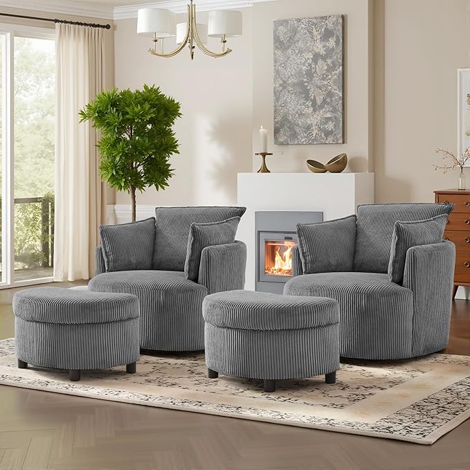 Chorlenimi Swivel Accent Chair Round Barrel Armchair Upholstered Living Room Chair Corduroy Reading Chair Single Sofa Chair for Bedroom Apartment Office (Grey, Standard 1Seater+ Ottoman)