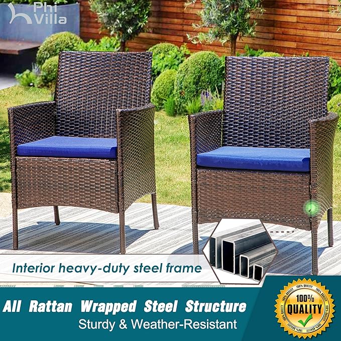 PHI VILLA Outdoor Wicker Dining Chairs Set of 6, Modern PE Rattan Armchair with Cushions for Patio, Deck, Yard, Porch