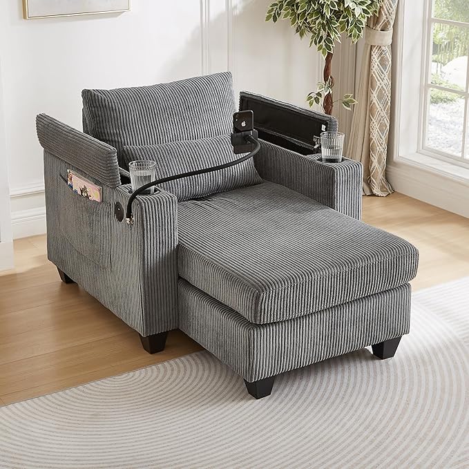 Merax Modern Upholstered Indoor Chaise Lounge with Pillows, Charge Station & Cup Holders, Single Sofa Couch with Armrest and Soild Legs, Easy Assemble Gray