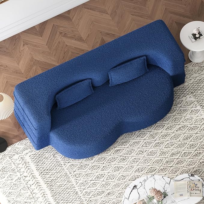 Modern Floor Sofa with 2 Pillows, Convertible Teddy Fabric Foam-Filled Sleeper Sofa Bed for Living Room, Guest Bed, Playroom, No Assembly Required, Blue