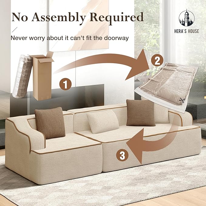HERA'S HOUSE 105" Cloud Sectional Couch, Modular Upholstered Sofa with Wide Armrest, Corduroy Boneless Couches with 4 Throw Pillows for Living Room, No Assembly Required, Beige