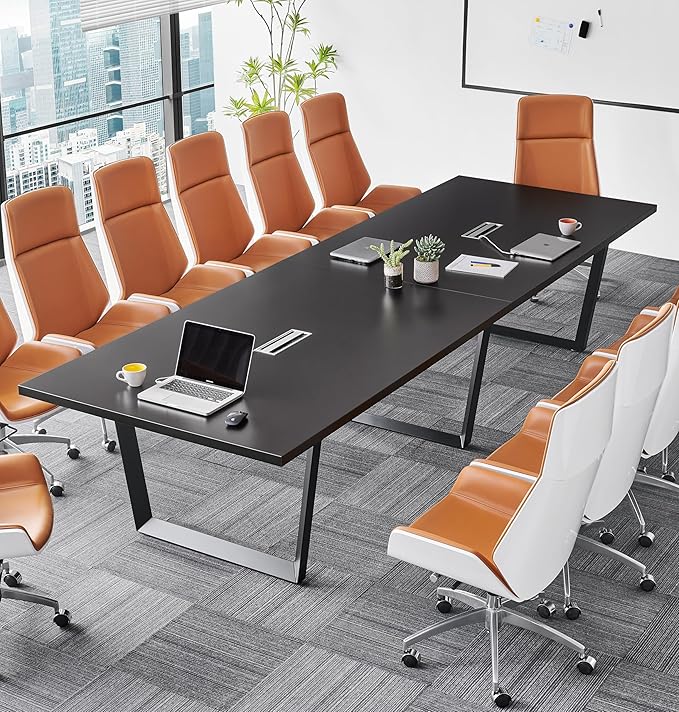 ahliss Sturdy Conference Table with Cable Management Grommets Modern Rectangle Office Meeting Table with Wood Tabletop and Metal Frame & Legs- Easy Assembly Boardroom Table (Black, 12 Foot)