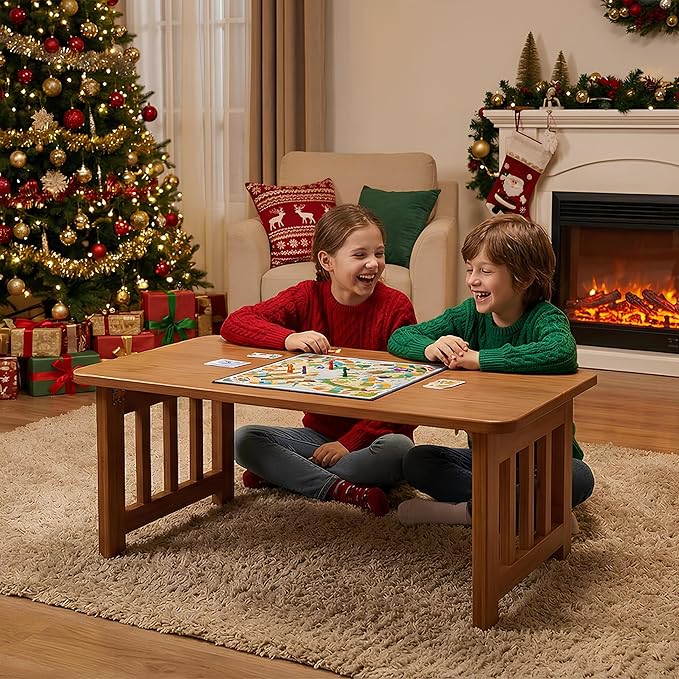 Japanese Bamboo Folding Floor Table, Portable Low Coffee Table for Small Spaces, Foldable Tatami Tea Table for Sitting on Floor, No Assembly Chabudai Table for Zen Living Room (Brown)