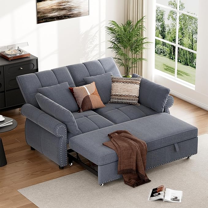 3 in 1 Sofa Bed, 61 Inch Convertible Pull out Couch with Four Pillows, Loveseat Sleeper Sofa with Adjustable Backrest, Sofa Couches for Living Room, Bedroom, Apartment, Chenille Fabric, Grey